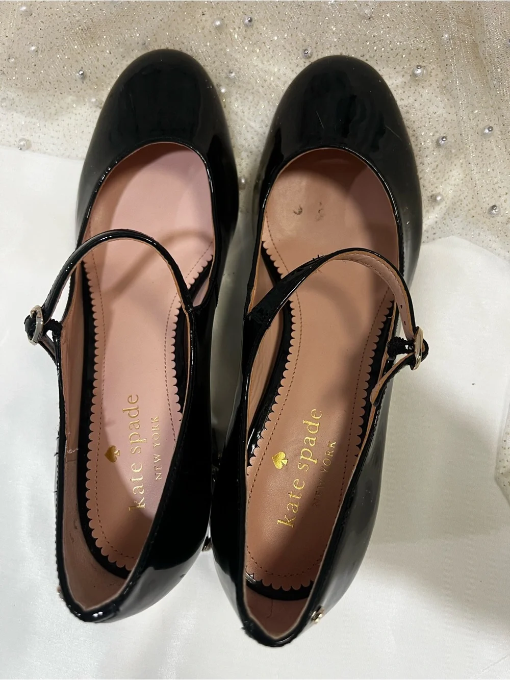 kate spade Black Patent Leather Mary Jane Heeled shoes with Pearl Studs
